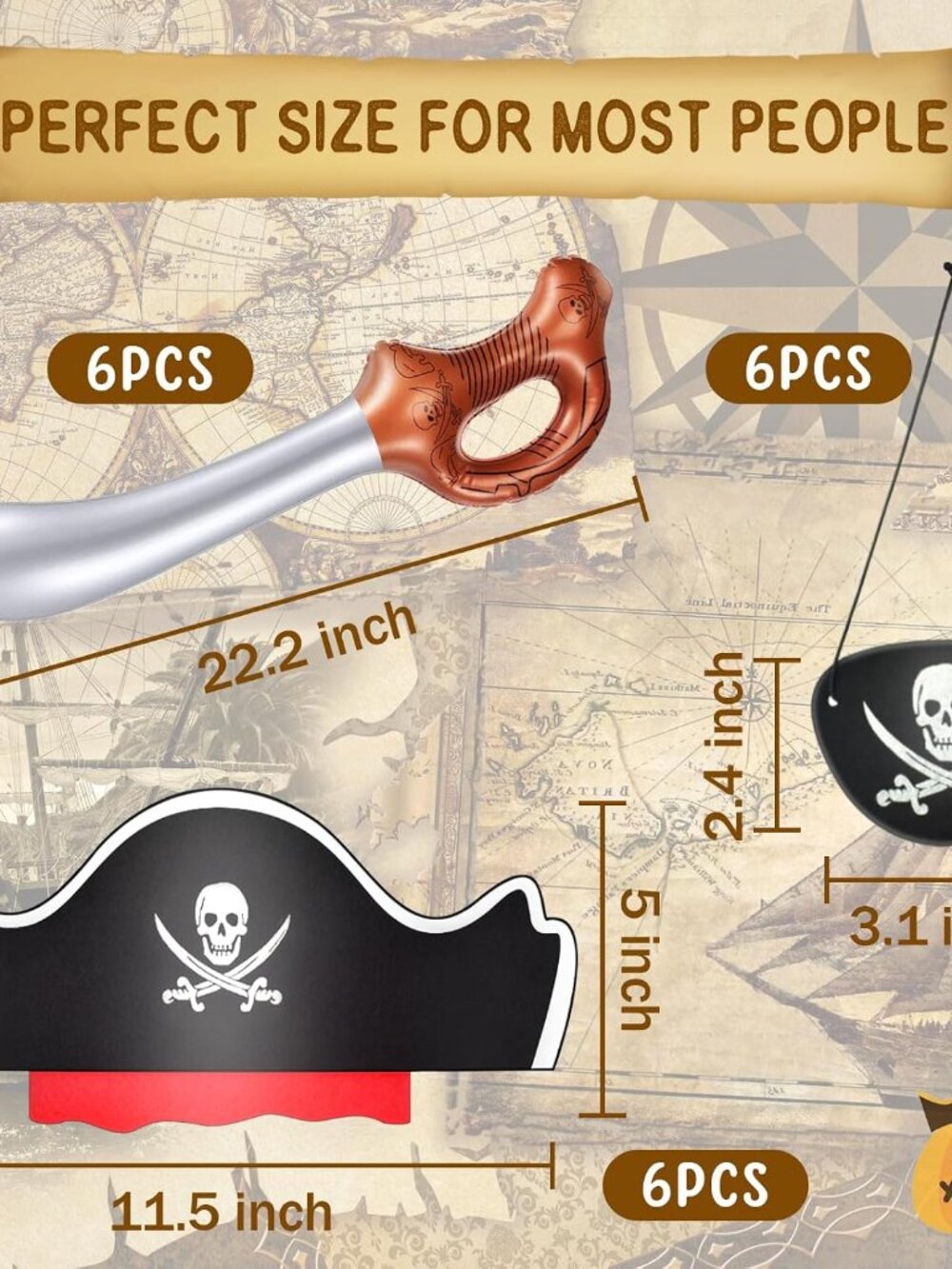 18 Pcs Pirate Party Accessories for Kids, 6 Hats 6 Patches 6 Swords - Picture 3 of 7